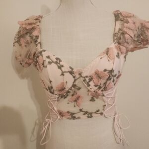Elegant Pink Floral Mesh Bra Top